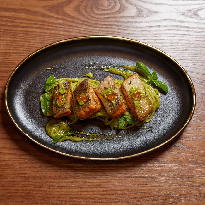 Seared salmon with pesto pasta at BrewDog Bangkok